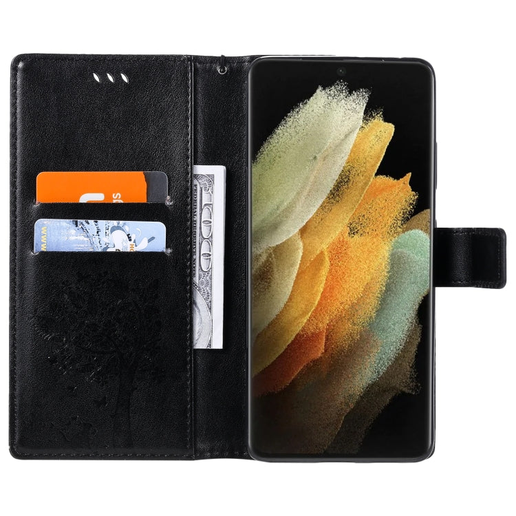 For Samsung Galaxy S21 Ultra 5G Tree & Cat Pattern Pressed Printing Horizontal Flip PU Leather Case with Holder & Card Slots & Wallet & Lanyard