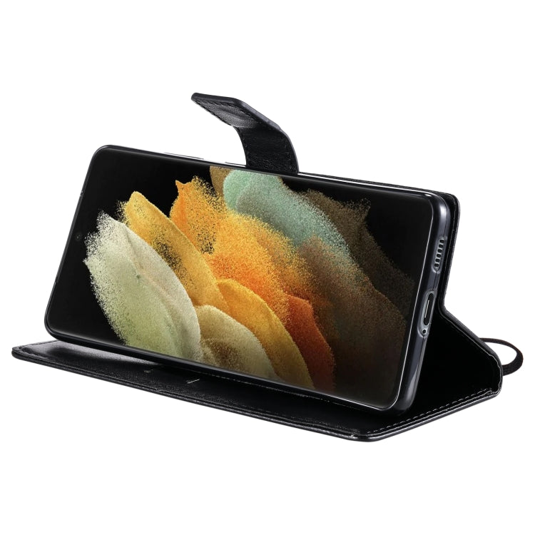 For Samsung Galaxy S21 Ultra 5G Tree & Cat Pattern Pressed Printing Horizontal Flip PU Leather Case with Holder & Card Slots & Wallet & Lanyard
