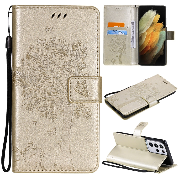 For Samsung Galaxy S21 Ultra 5G Tree & Cat Pattern Pressed Printing Horizontal Flip PU Leather Case with Holder & Card Slots & Wallet & Lanyard