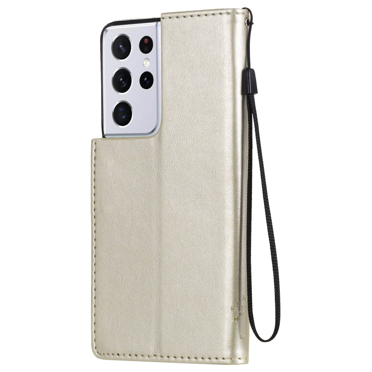 For Samsung Galaxy S21 Ultra 5G Tree & Cat Pattern Pressed Printing Horizontal Flip PU Leather Case with Holder & Card Slots & Wallet & Lanyard