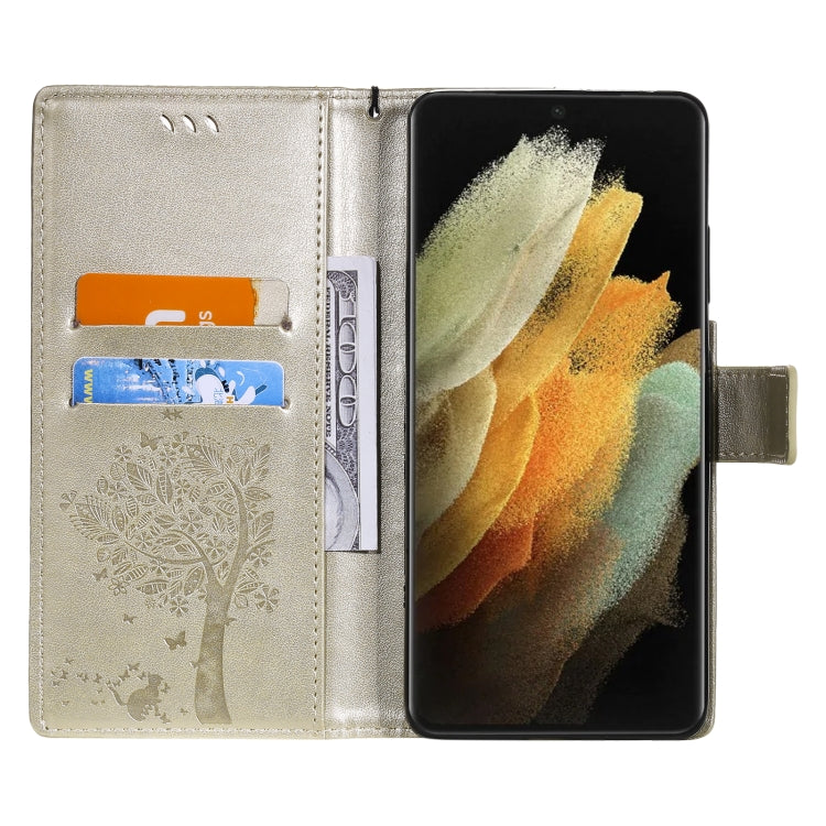 For Samsung Galaxy S21 Ultra 5G Tree & Cat Pattern Pressed Printing Horizontal Flip PU Leather Case with Holder & Card Slots & Wallet & Lanyard