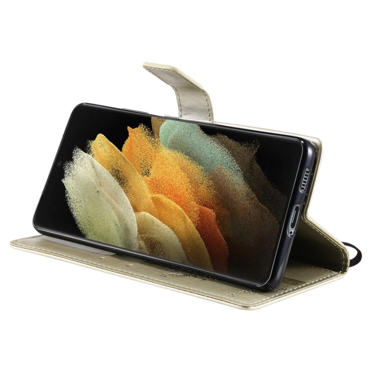 For Samsung Galaxy S21 Ultra 5G Tree & Cat Pattern Pressed Printing Horizontal Flip PU Leather Case with Holder & Card Slots & Wallet & Lanyard