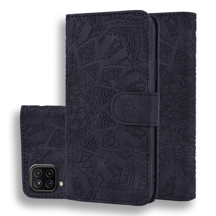 Embossed Sunflower Pattern Horizontal Flip PU Leather Case with Holder & Card Slots & Wallet & Lanyard For Samsung Galaxy A12