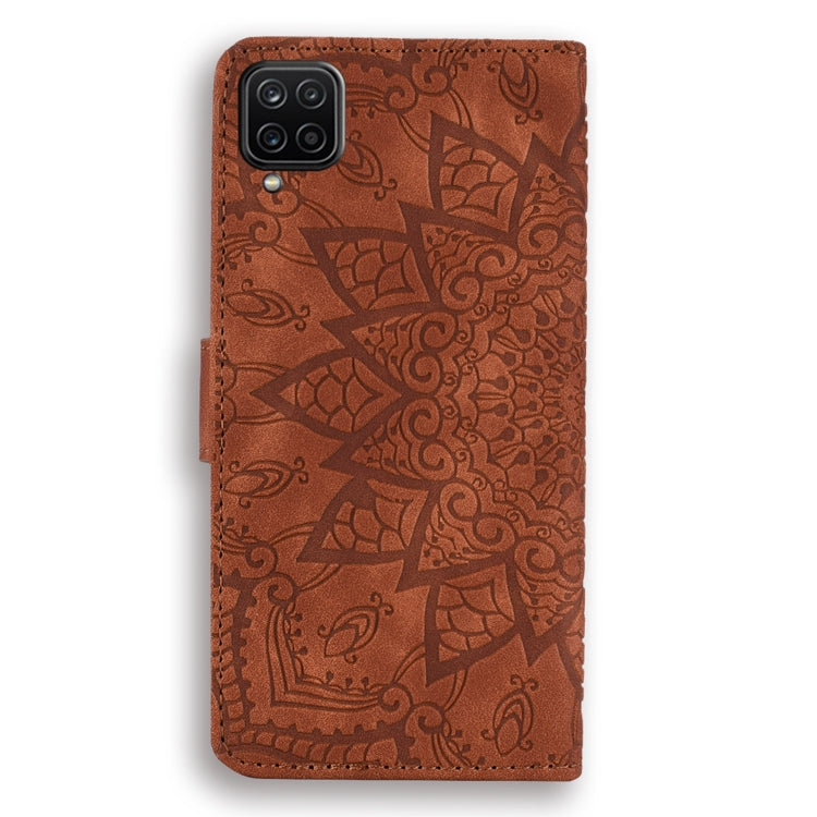 Embossed Sunflower Pattern Horizontal Flip PU Leather Case with Holder & Card Slots & Wallet & Lanyard For Samsung Galaxy A12