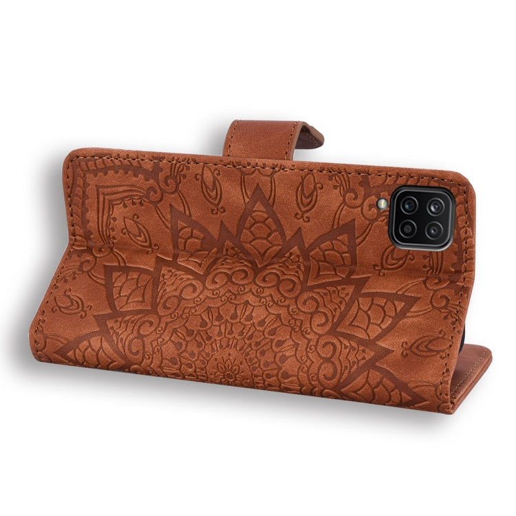 Embossed Sunflower Pattern Horizontal Flip PU Leather Case with Holder & Card Slots & Wallet & Lanyard For Samsung Galaxy A12