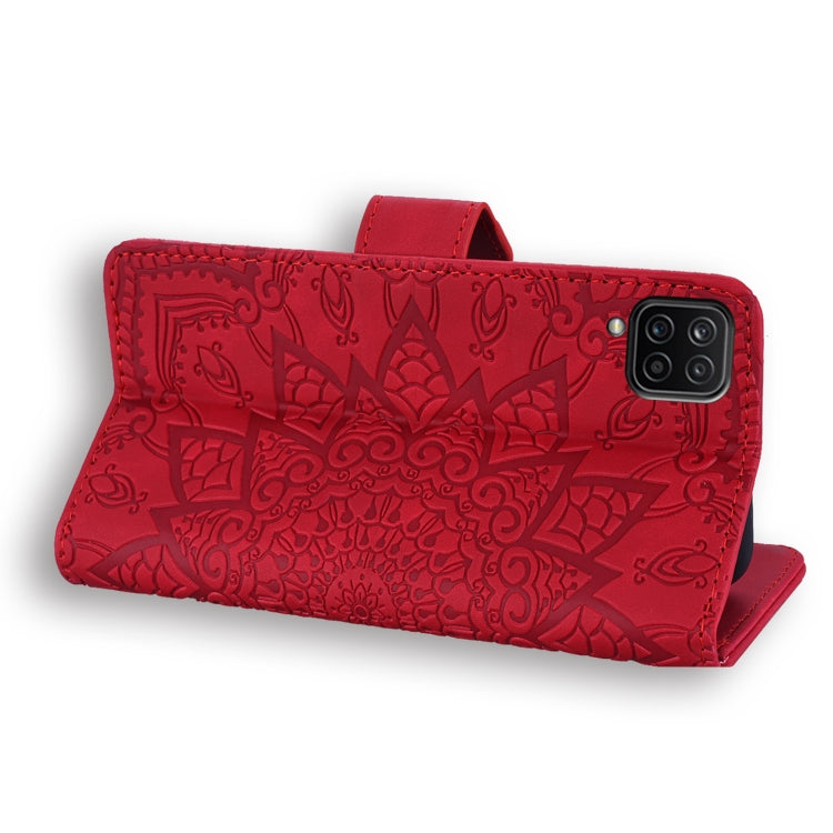 Embossed Sunflower Pattern Horizontal Flip PU Leather Case with Holder & Card Slots & Wallet & Lanyard For Samsung Galaxy A12