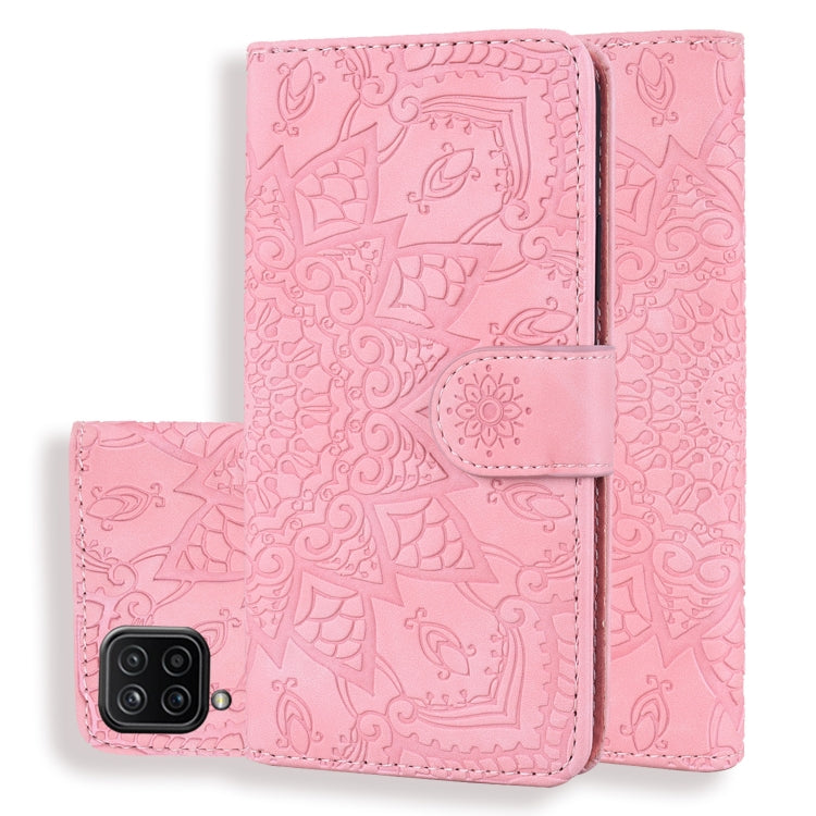 Embossed Sunflower Pattern Horizontal Flip PU Leather Case with Holder & Card Slots & Wallet & Lanyard For Samsung Galaxy A12