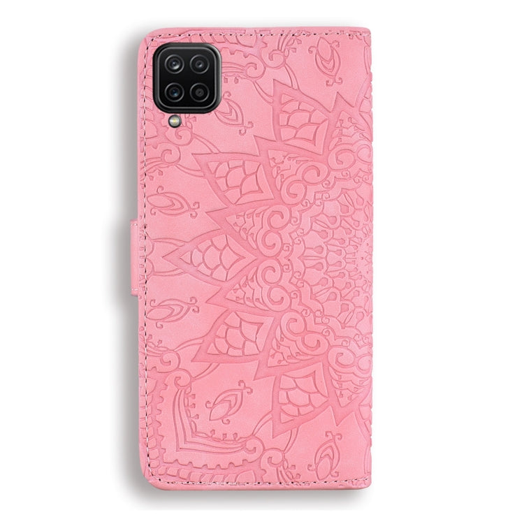 Embossed Sunflower Pattern Horizontal Flip PU Leather Case with Holder & Card Slots & Wallet & Lanyard For Samsung Galaxy A12