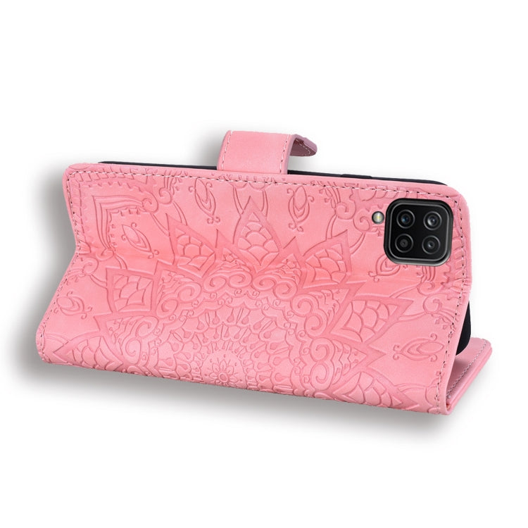 Embossed Sunflower Pattern Horizontal Flip PU Leather Case with Holder & Card Slots & Wallet & Lanyard For Samsung Galaxy A12