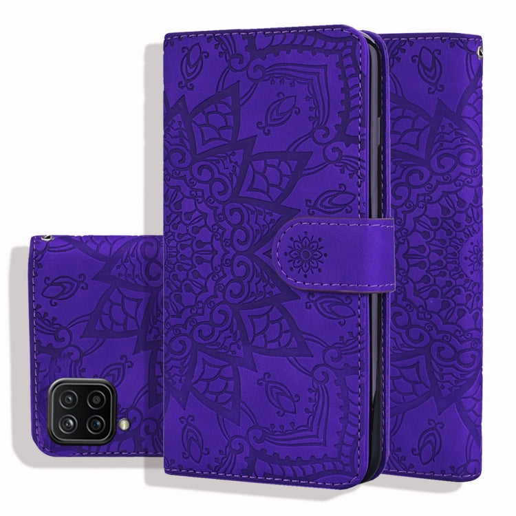 Embossed Sunflower Pattern Horizontal Flip PU Leather Case with Holder & Card Slots & Wallet & Lanyard For Samsung Galaxy A12