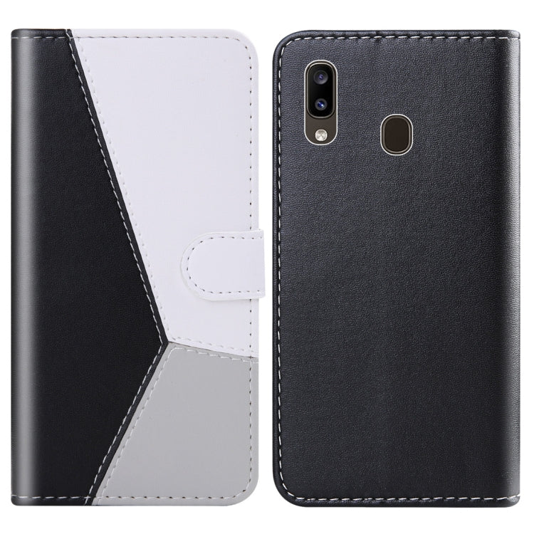 For Galaxy A20 Tricolor Stitching Horizontal Flip TPU + PU Leather Case with Holder & Card Slots & Wallet