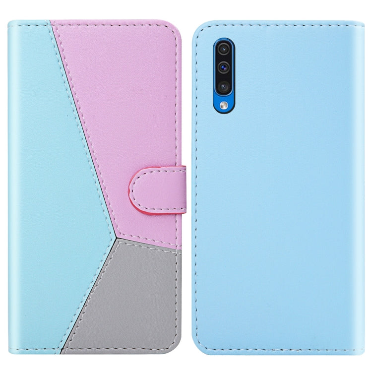 For Galaxy A30s Tricolor Stitching Horizontal Flip TPU + PU Leather Case with Holder & Card Slots & Wallet
