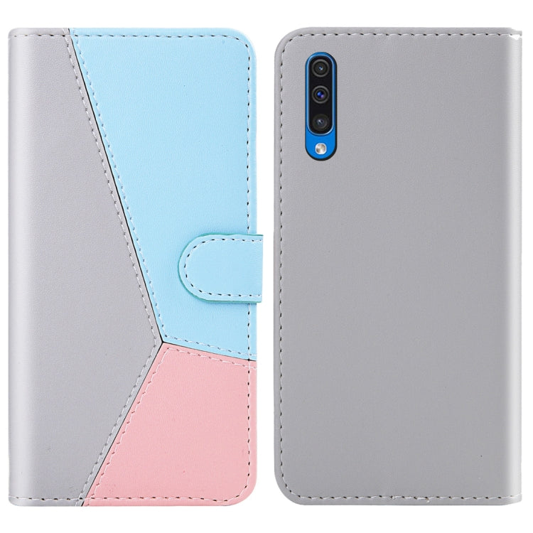 For Galaxy A30s Tricolor Stitching Horizontal Flip TPU + PU Leather Case with Holder & Card Slots & Wallet