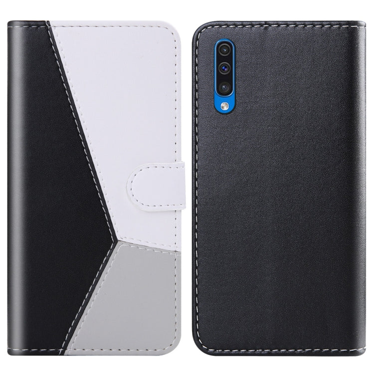For Galaxy A50s Tricolor Stitching Horizontal Flip TPU + PU Leather Case with Holder & Card Slots & Wallet