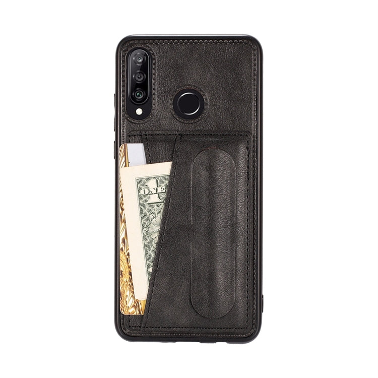 For Huawei Nova 4e Shockproof PC + PU Protective Case with Spring Holder & Card Slot