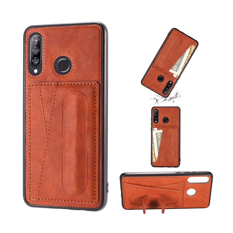 For Huawei Nova 4e Shockproof PC + PU Protective Case with Spring Holder & Card Slot
