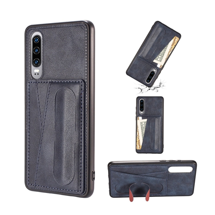 For Huawei P30 Shockproof PC + PU Protective Case with Spring Holder & Card Slot