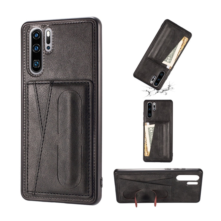 For Huawei P30 Pro Shockproof PC + PU Protective Case with Spring Holder & Card Slot