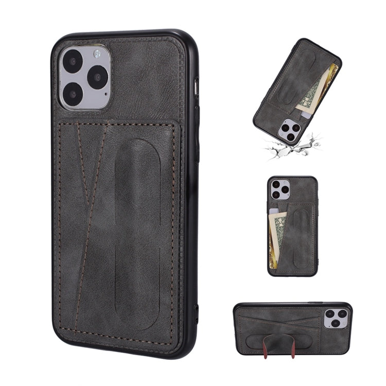 For iPhone 11 Pro Shockproof PC + PU Protective Case with Spring Holder & Card Slot