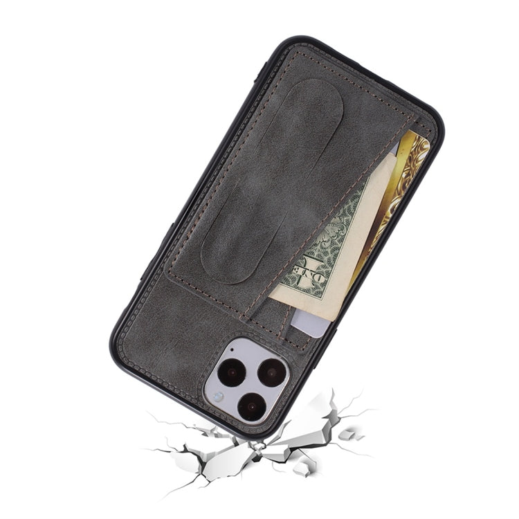 For iPhone 11 Shockproof PC + PU Protective Case with Spring Holder & Card Slot