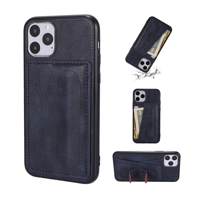 For iPhone 11 Shockproof PC + PU Protective Case with Spring Holder & Card Slot