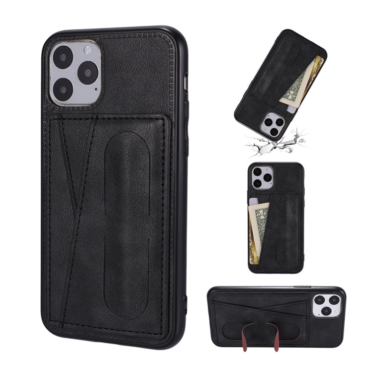 For iPhone 11 Pro Max Shockproof PC + PU Protective Case with Spring Holder & Card Slot