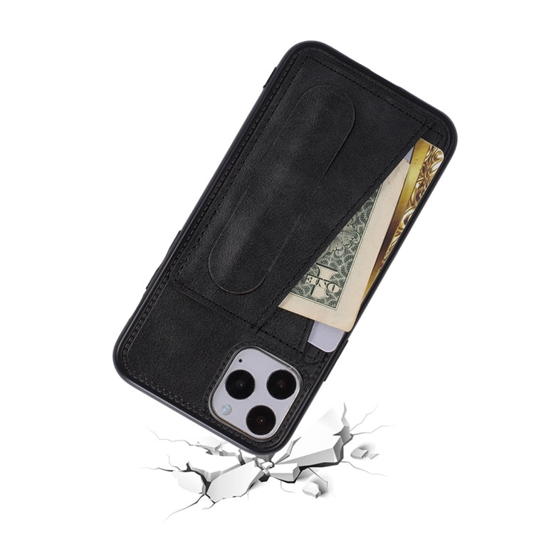 For iPhone 11 Pro Max Shockproof PC + PU Protective Case with Spring Holder & Card Slot