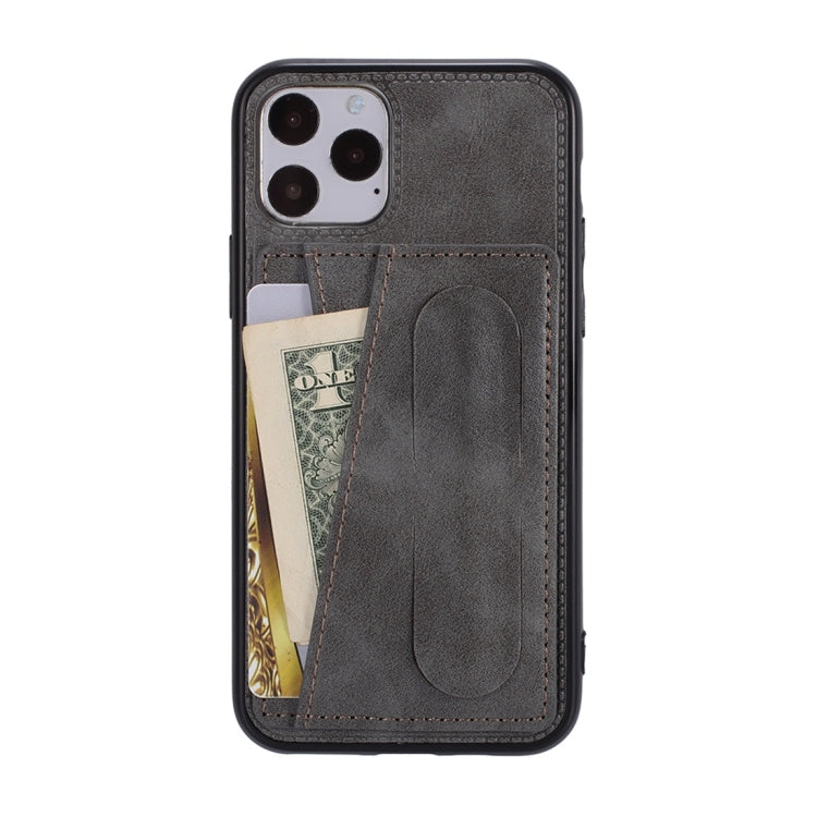 For iPhone 11 Pro Max Shockproof PC + PU Protective Case with Spring Holder & Card Slot