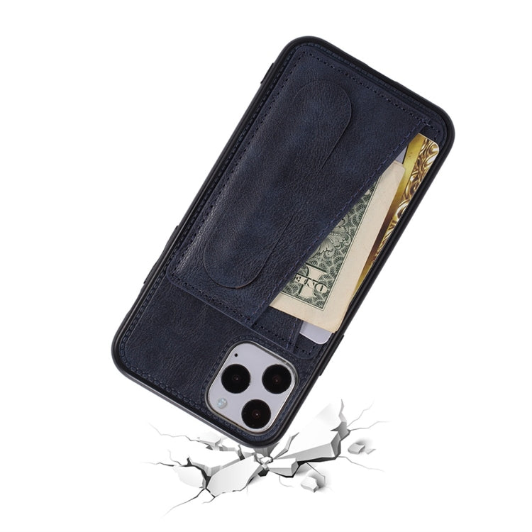 For iPhone 11 Pro Max Shockproof PC + PU Protective Case with Spring Holder & Card Slot