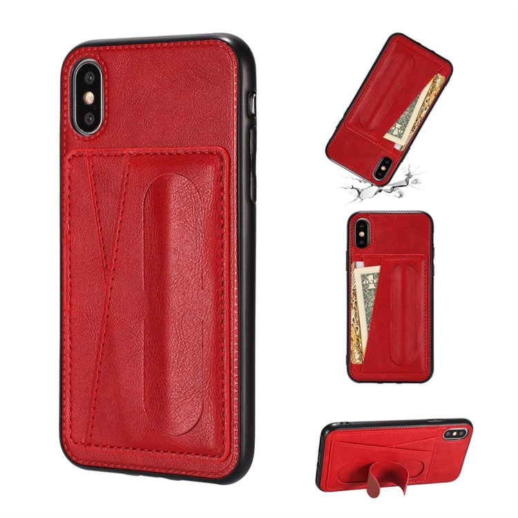 For iPhone XS Max Shockproof PC + PU Protective Case with Spring Holder & Card Slot