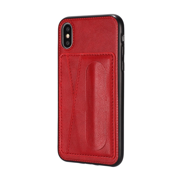 For iPhone XS Max Shockproof PC + PU Protective Case with Spring Holder & Card Slot