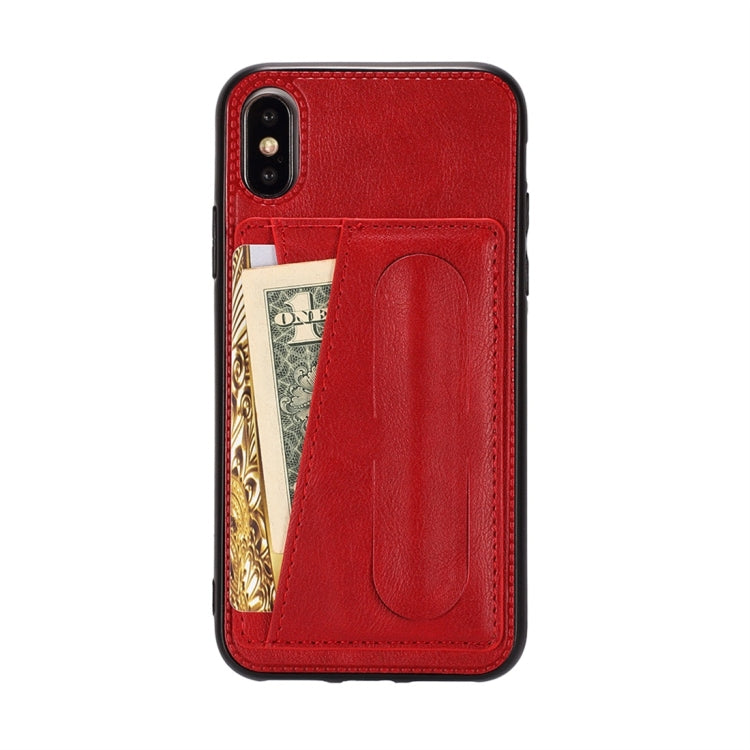For iPhone XS Max Shockproof PC + PU Protective Case with Spring Holder & Card Slot