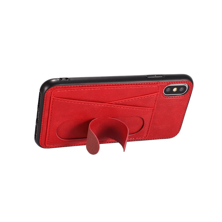 For iPhone XS Max Shockproof PC + PU Protective Case with Spring Holder & Card Slot