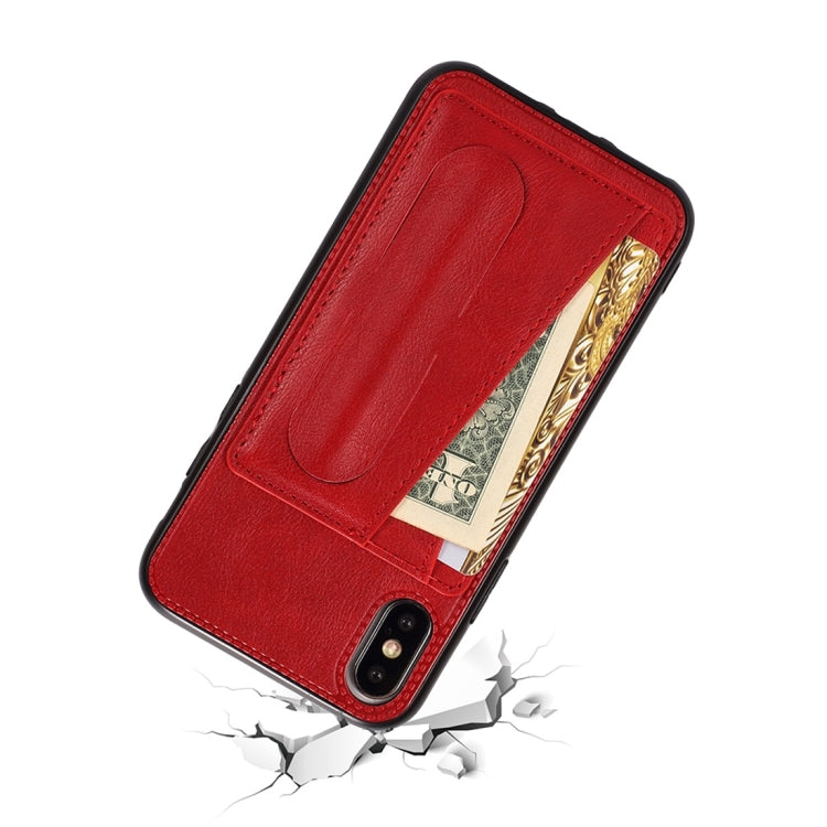 For iPhone XS Max Shockproof PC + PU Protective Case with Spring Holder & Card Slot