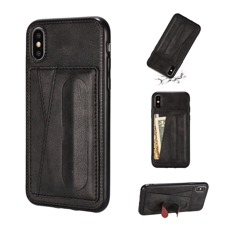 For iPhone XS Max Shockproof PC + PU Protective Case with Spring Holder & Card Slot
