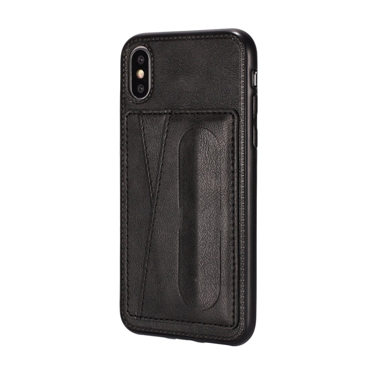For iPhone XS Max Shockproof PC + PU Protective Case with Spring Holder & Card Slot