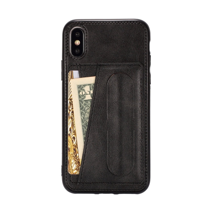 For iPhone XS Max Shockproof PC + PU Protective Case with Spring Holder & Card Slot