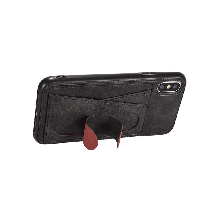 For iPhone XS Max Shockproof PC + PU Protective Case with Spring Holder & Card Slot