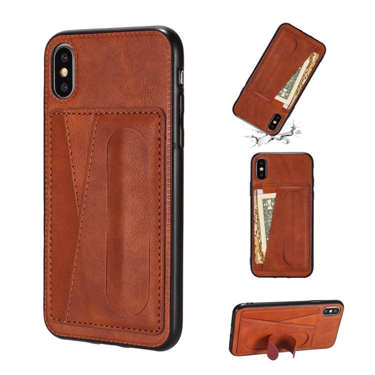 For iPhone XS Max Shockproof PC + PU Protective Case with Spring Holder & Card Slot