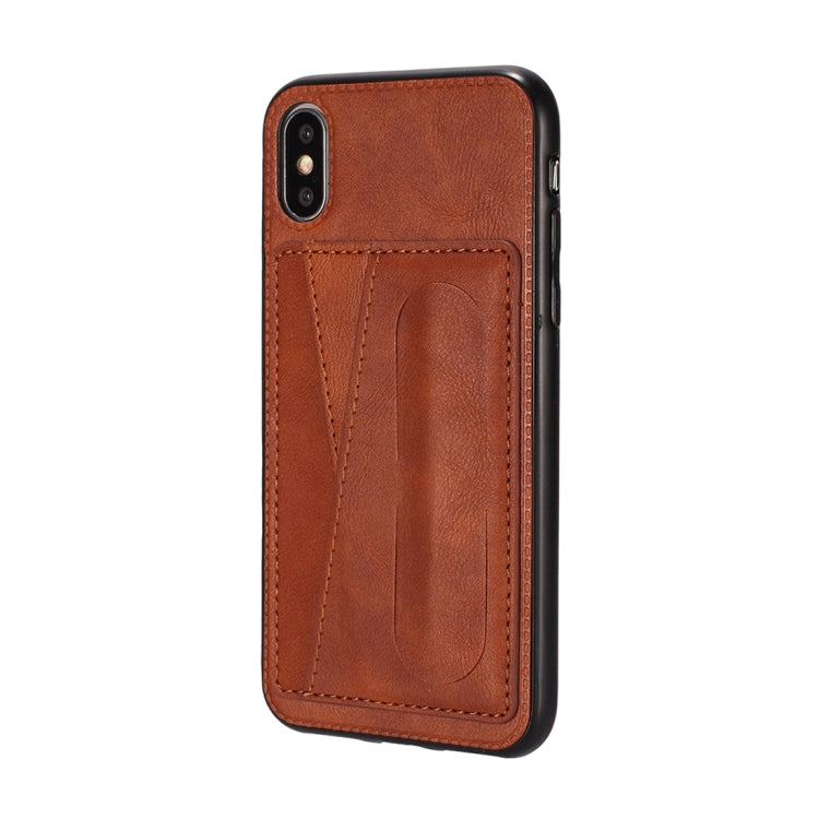 For iPhone XS Max Shockproof PC + PU Protective Case with Spring Holder & Card Slot