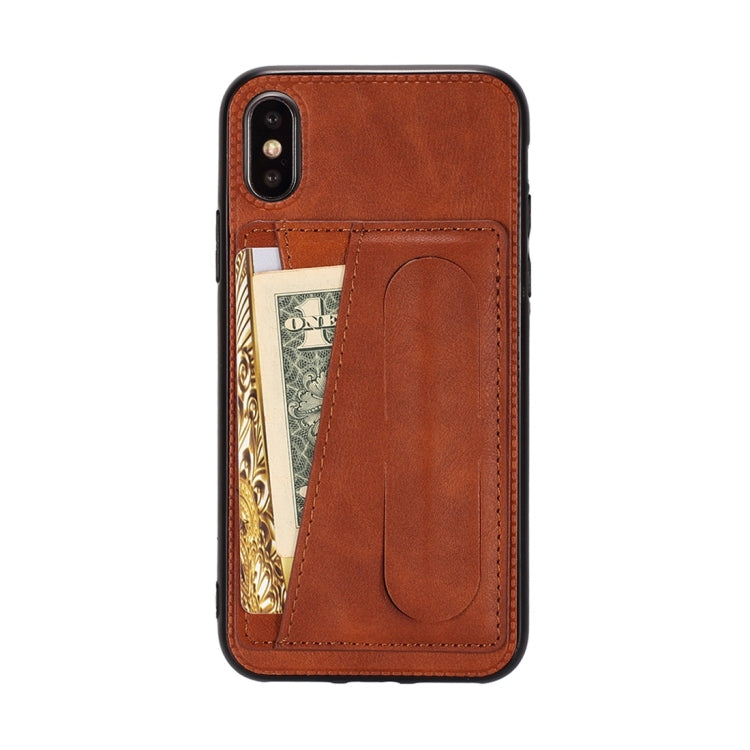 For iPhone XS Max Shockproof PC + PU Protective Case with Spring Holder & Card Slot