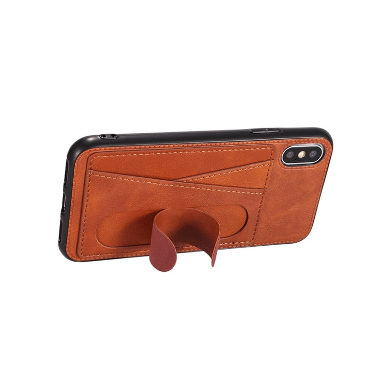 For iPhone XS Max Shockproof PC + PU Protective Case with Spring Holder & Card Slot