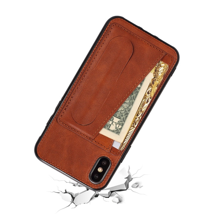 For iPhone XS Max Shockproof PC + PU Protective Case with Spring Holder & Card Slot