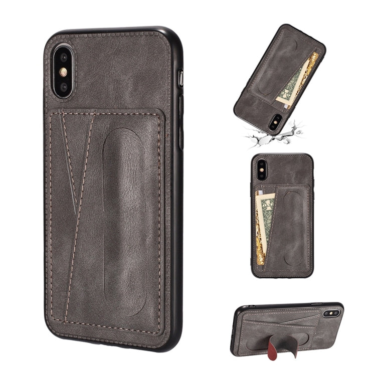 For iPhone XS Max Shockproof PC + PU Protective Case with Spring Holder & Card Slot