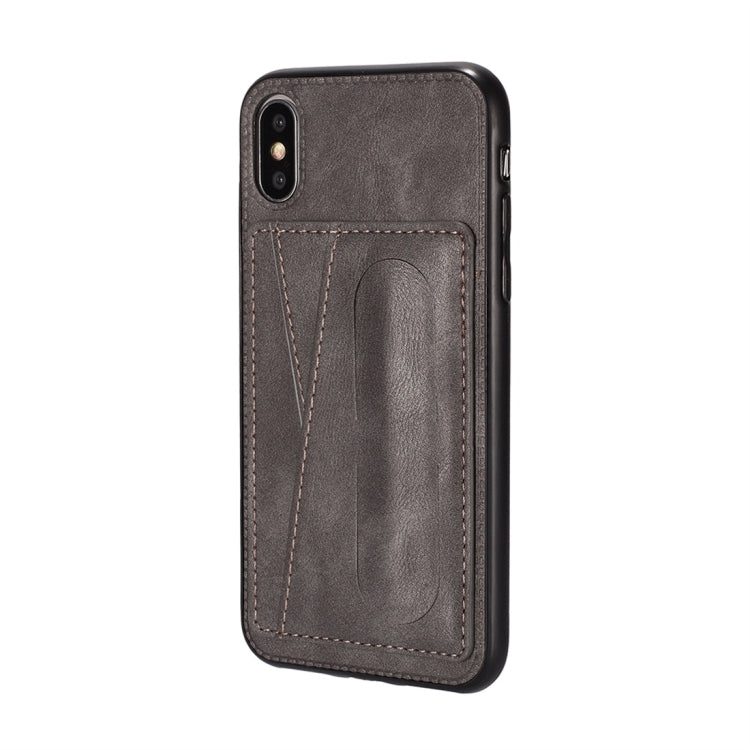 For iPhone XS Max Shockproof PC + PU Protective Case with Spring Holder & Card Slot
