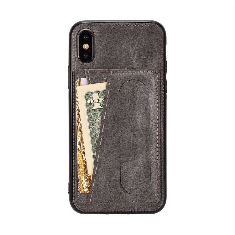 For iPhone XS Max Shockproof PC + PU Protective Case with Spring Holder & Card Slot