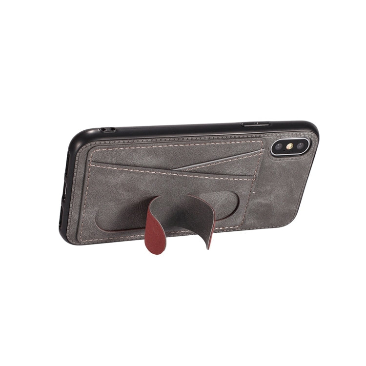 For iPhone XS Max Shockproof PC + PU Protective Case with Spring Holder & Card Slot