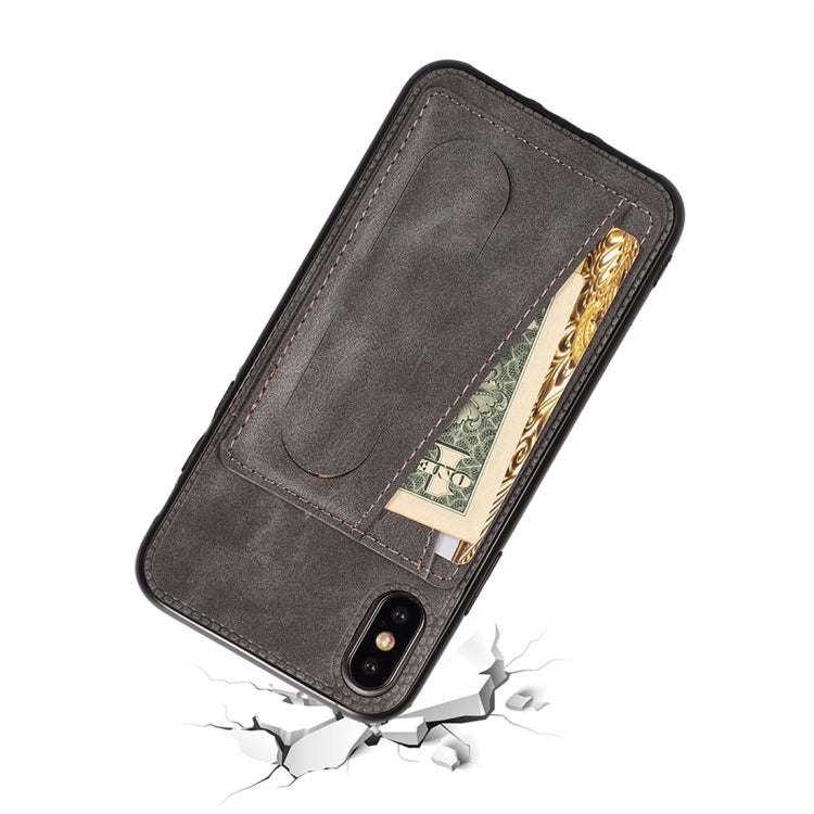 For iPhone XS Max Shockproof PC + PU Protective Case with Spring Holder & Card Slot