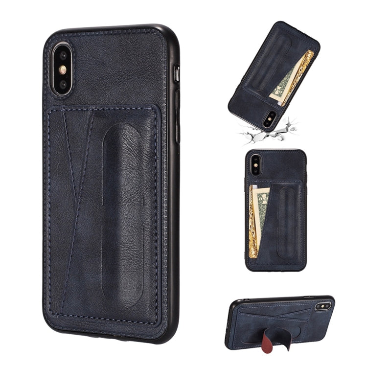 For iPhone XS Max Shockproof PC + PU Protective Case with Spring Holder & Card Slot
