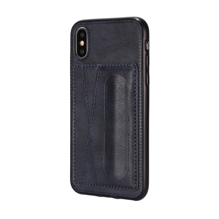 For iPhone XS Max Shockproof PC + PU Protective Case with Spring Holder & Card Slot